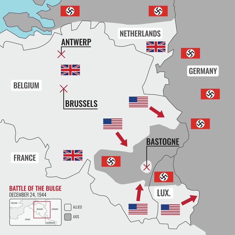 Map showing the location of the Battle of the Bulge