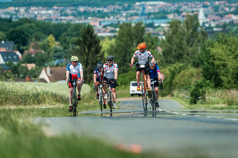 Riding a penny-farthing up the hill