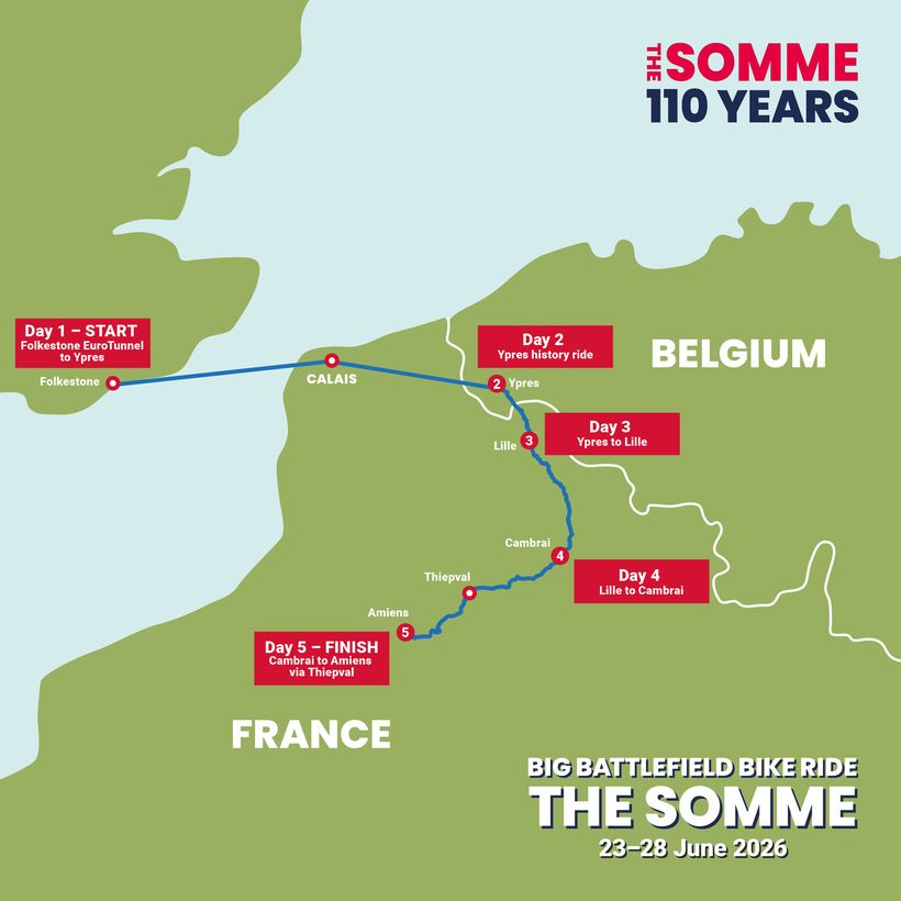 Somme route map showing 4 days of cycling from Ypes to Thiepval