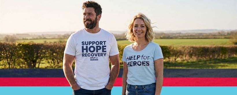 A man and a women, wearing new Help for Heroes t-shirts
