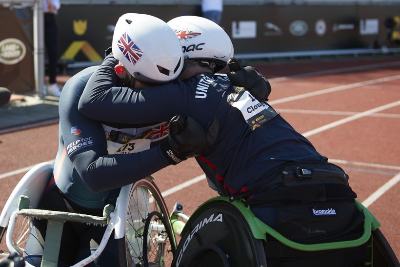 Mark and team mate Dan Phillips hugging