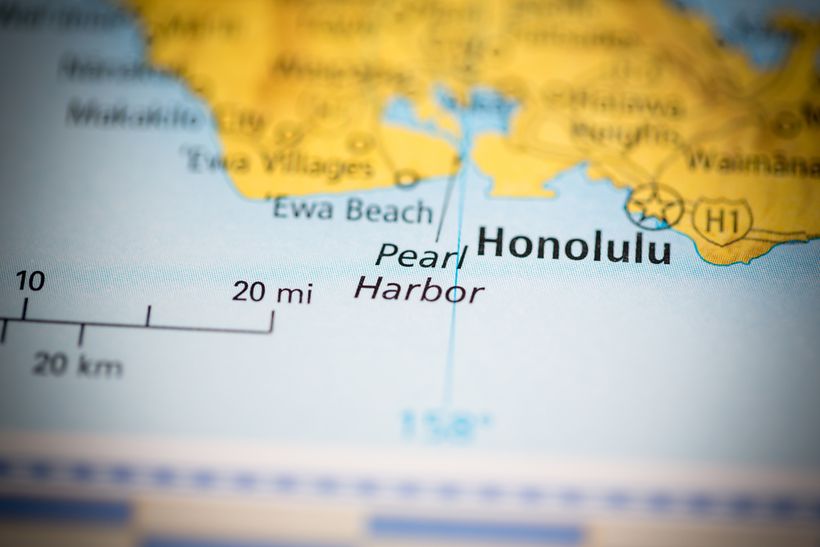 A map of the location of Pearl Harbour on the Hawaii coast