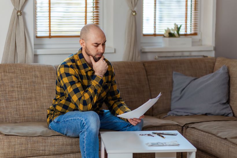 Male sat on a sofa holding a piece of paper