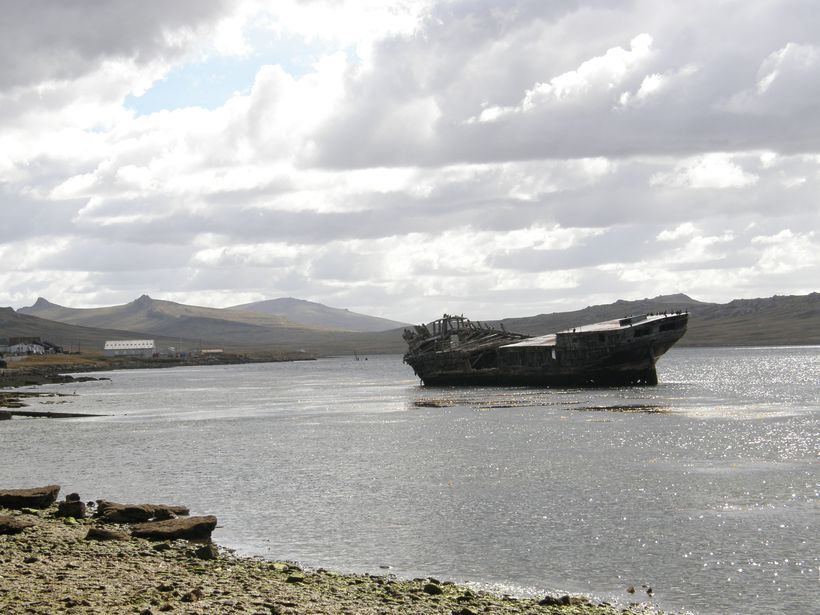 A destroyed Naval ship in the water, Falkland Islands.