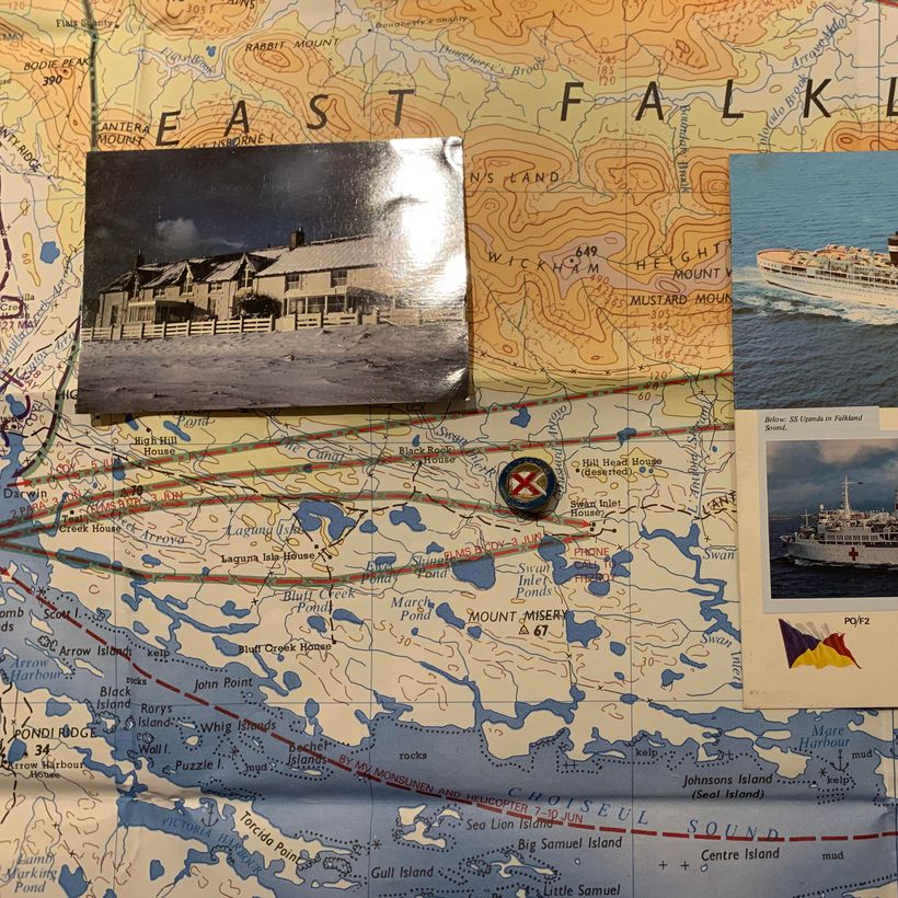 A map and memories of the Falklands belonging to Sue Warner, a 