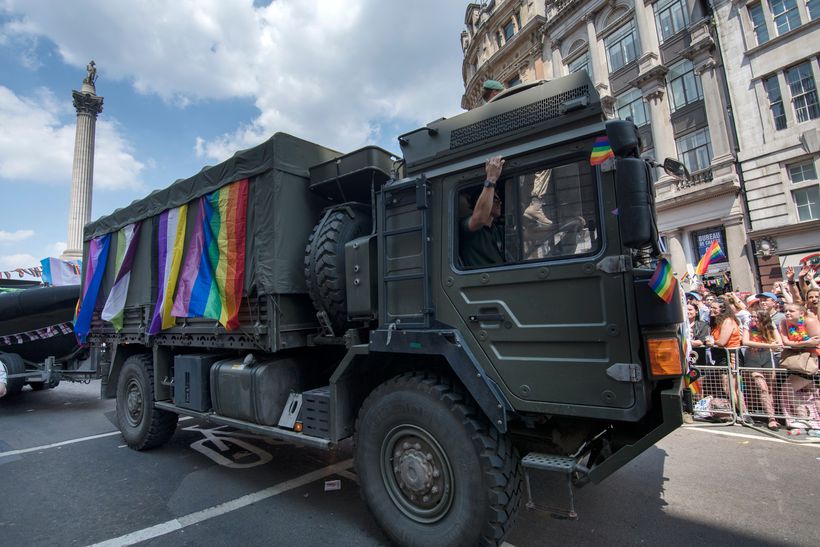 British military truck with rainbow flag in London