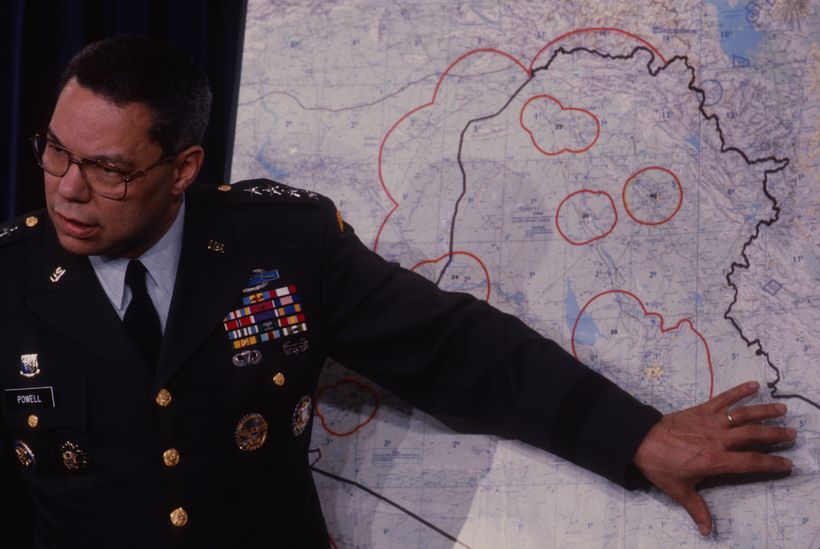 General Colin Powell pointing at a map in the Pentagon