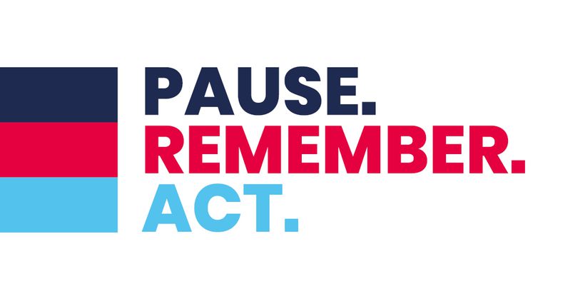 Pause, remember, act logo for Remembrance Day
